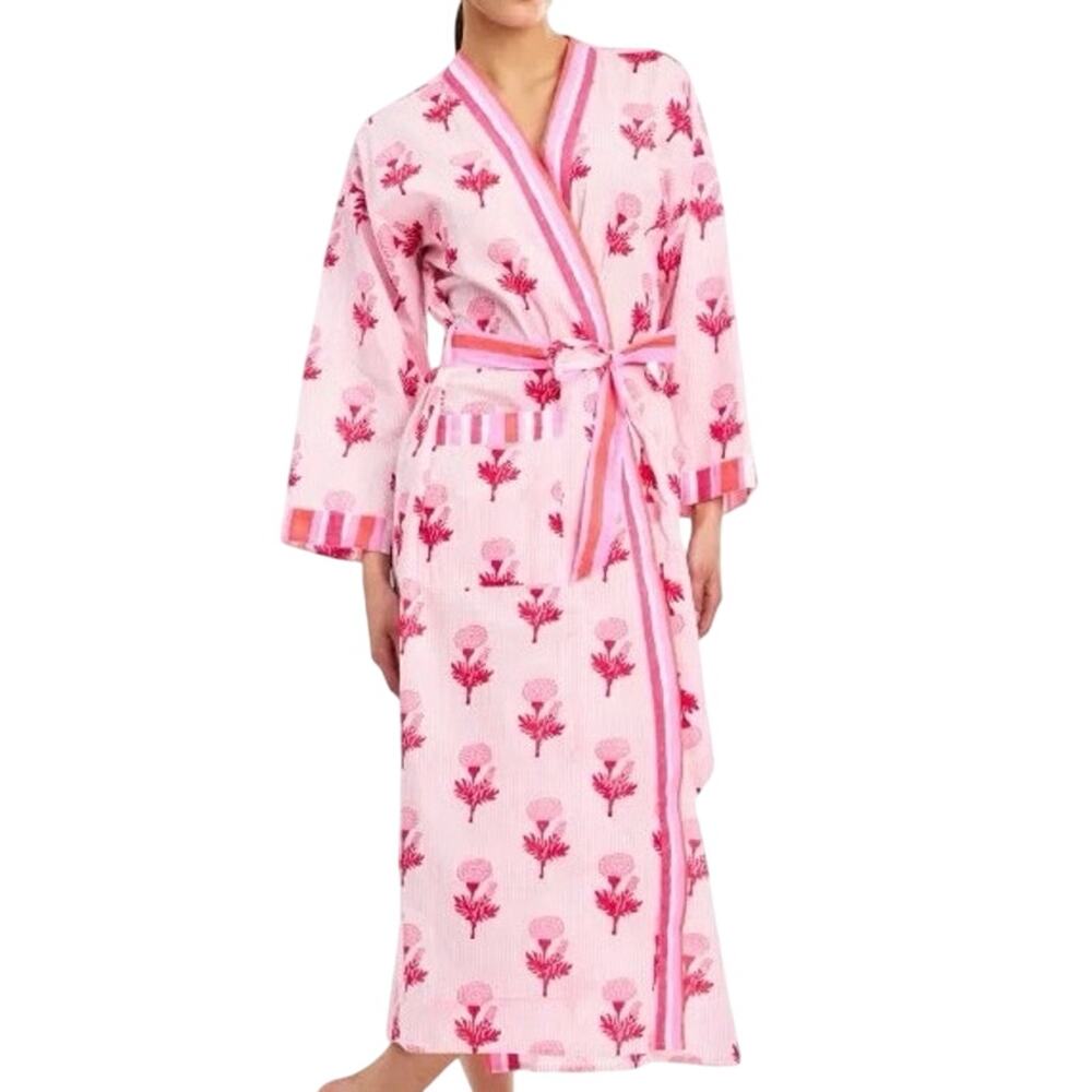 ROLLER RABBIT Marigold Stripe Summer Robe Cotton Floral Pink - Sz XS/S